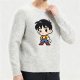 Men's Light Grey Crew Neck Sweater with Cartoon Character Graphic