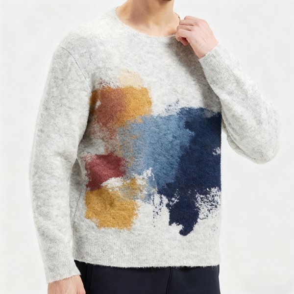 Men's Light Grey Crew Neck Sweater with Abstract Watercolor Print