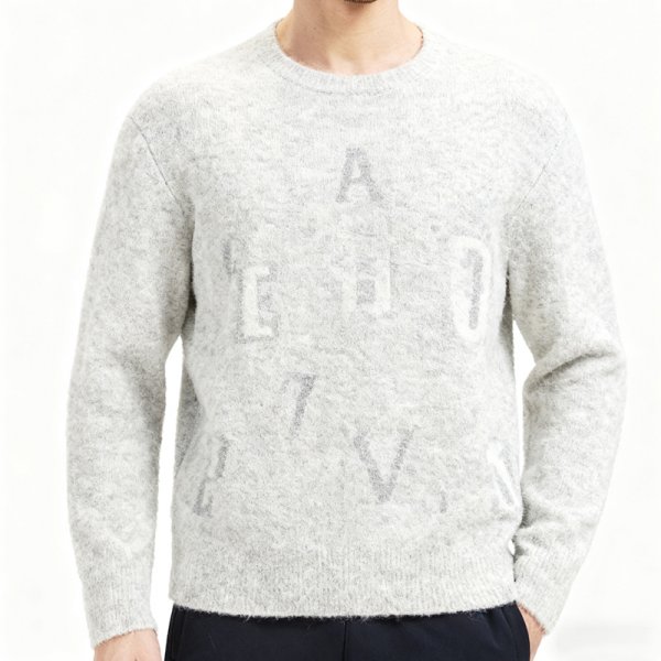 Men's Light Grey Crew Neck Sweater with Distressed Letter Print