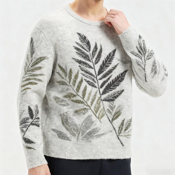 Men's Light Grey Crew Neck Sweater with Leaf Pattern