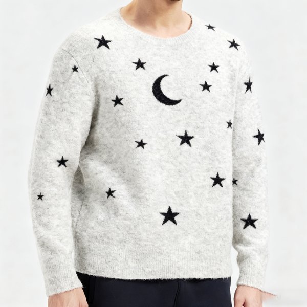 Men's Light Grey Crew Neck Sweater with Moon and Stars Print